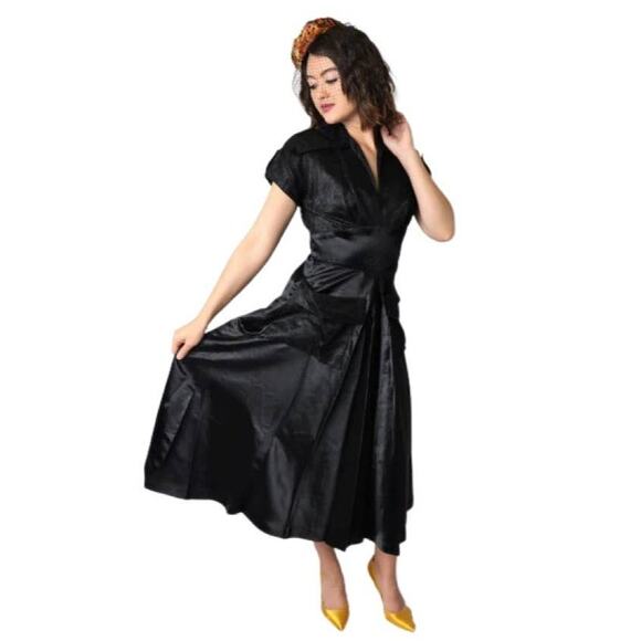 Vintage 40s/50s Donald Original Black Satin Dress with Front Lace Trim Medium - Picture 1 of 11